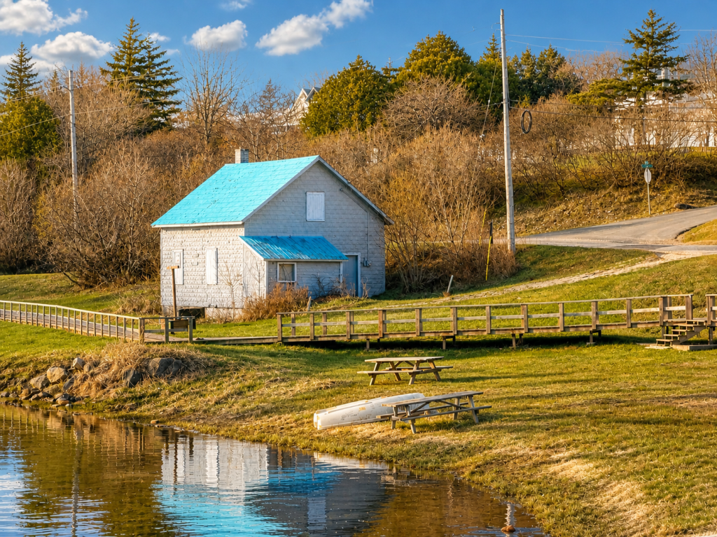 Small waterfront cottage with a blue roof overlooking a calm shoreline on Manitoulin Island, Ontario.